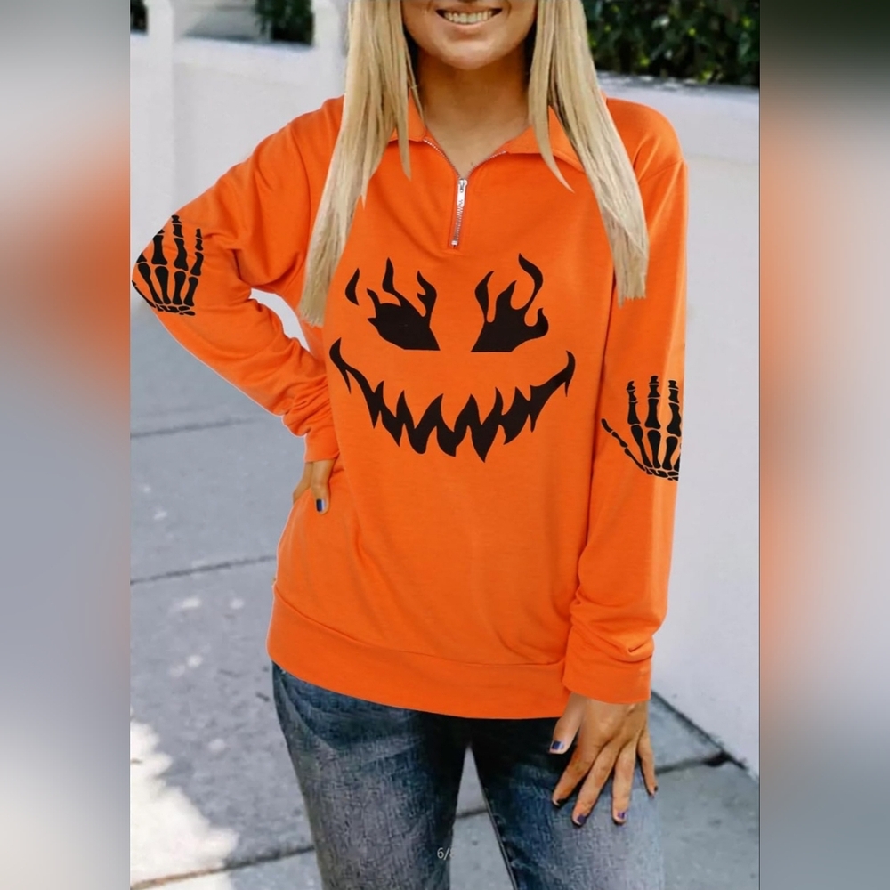 Lotucy Women's Halloween Sweatshirt Zip Up Collared Orange Size 2XL